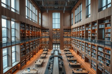 Grand modern library with wooden bookshelves and study tables