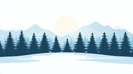 Fototapeta premium Winter sunrise snowy pine with mountains silhouette