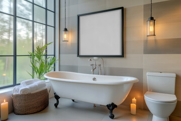 Framed poster mockup, beautiful bathroom interior with huge window. Thin frame with white copy space mockup. Square poster border template. Hanging poster on gray wall	