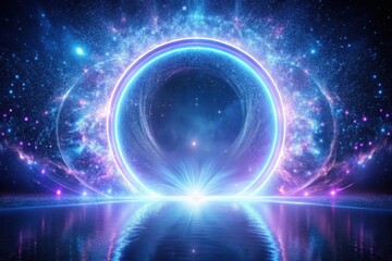 Obraz premium Celestial Portal A Glowing Ring of Light Reflecting on Tranquil Waters Amidst a Starry Galaxy
