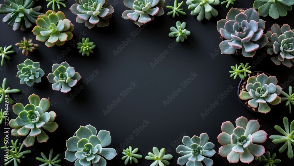 Aufkleber various succulent plants arranged in a circular pattern on a dark background showcasing diverse shap
