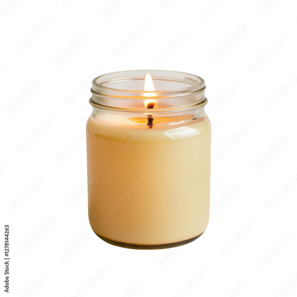 Poster lit candle in glass jar, creating warm and inviting atmosphere. soft glow of flame enhances cozy amb