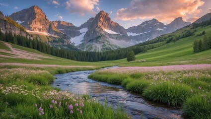 Obraz premium Mountain landscape with lush green meadows, flowing stream, and colorful wildflowers under a dramatic sunset sky.