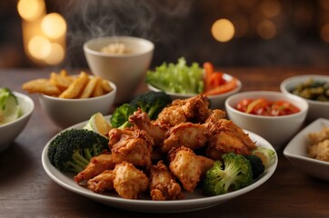 Fototapeta premium A mouthwatering shot of golden fried chicken surrounded by vibrant vegetables and sides, ready to eat.