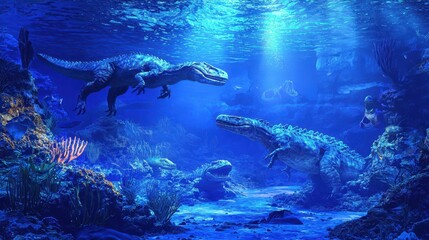 Fototapeta premium Underwater Scene with Ancient Creatures in a Blue Ocean Environment