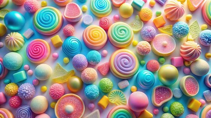 Fototapeta premium A vibrant assortment of colorful candies and sweets, including lollipops, gumdrops, and marshmallows, arranged in a delightful and appealing pattern.