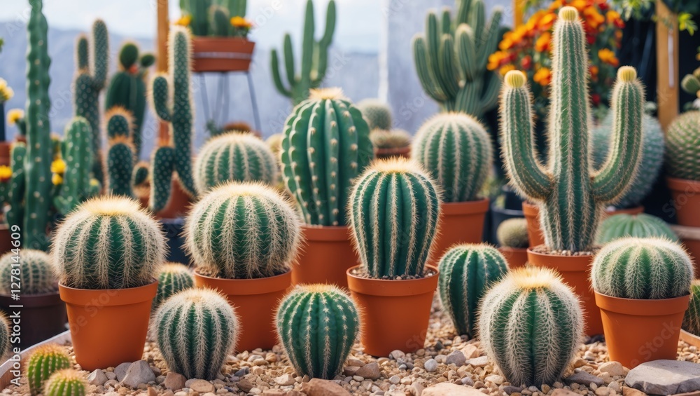 Poster assorted collection of cacti in terracotta pots arranged in a greenhouse setting with colorful flowe