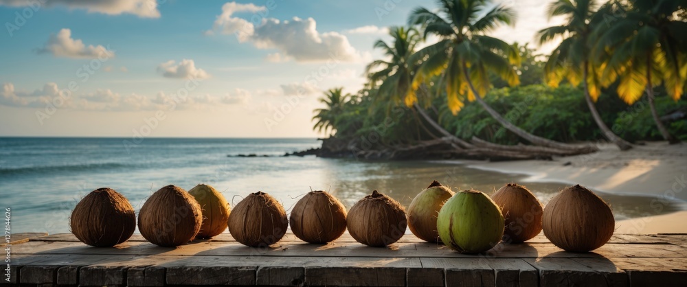 Aufkleber coconuts arranged on a wooden surface with a tropical beach and palm trees in the background during 