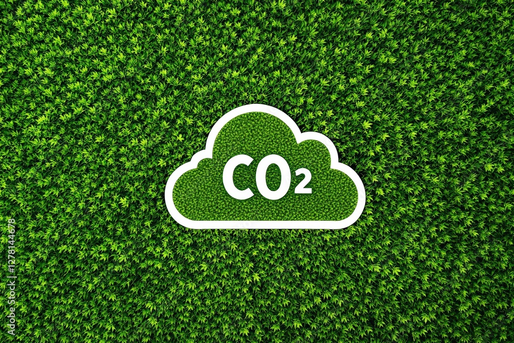 Poster abstract co2 symbol in a green cloud shape on lush leafy background, emphasizing environmental conse