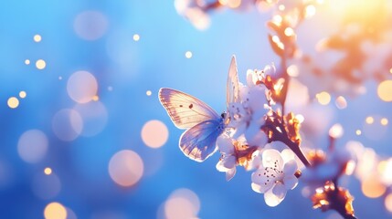 Delicate Butterfly on Spring Blossoms Basking in Sunlight
