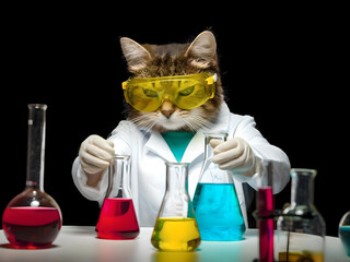 A charming feline wearing safety goggles surrounded by colorful chemistry lab equipment on a dark background. The creative scene portrays curiosity, science, and experimentation.