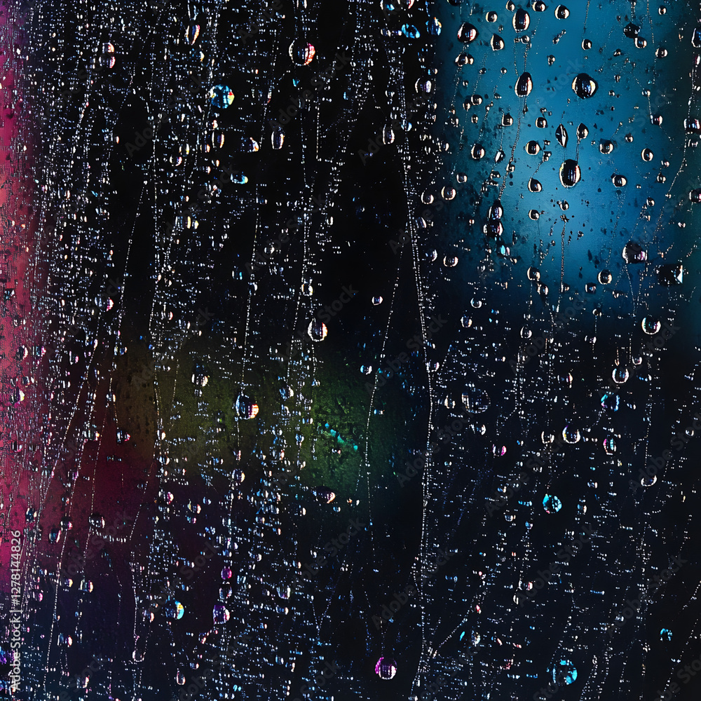 Poster illuminated droplets and rainbow streaks: a mesmerizing display of water droplets with a backdrop of