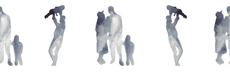 Watercolor border with silhouettes of people. Brush strokes in the form of blue silhouettes of people,Silhouette of family on white background.	