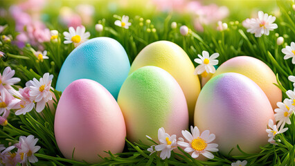 Beautifully decorated Easter eggs with pastel floral patterns rest on lush green grass, surrounded by vibrant yellow and white flowers, creating a cheerful and festive spring scene.