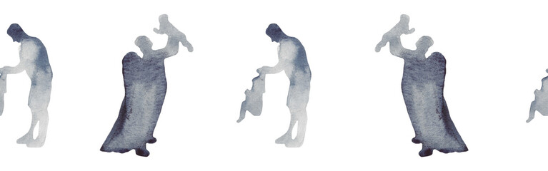 Watercolor border with silhouettes of people. Brush strokes in the form of blue silhouettes of people,Silhouette of family on white background.	