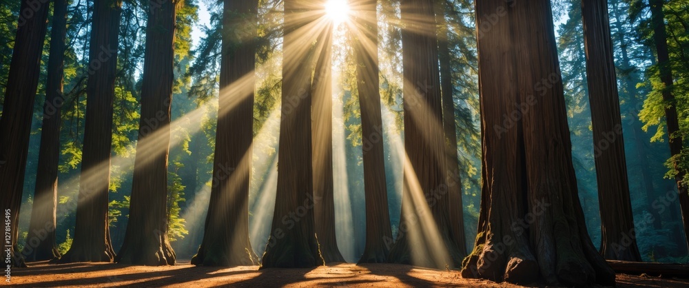 Poster sunlight filtering through tall redwood trees in a dense forest creating an illuminated atmosphere w