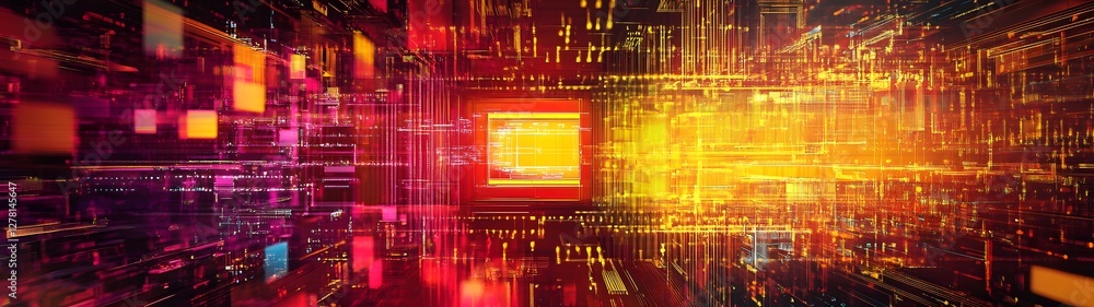 Poster Captivating and Immersive Futuristic Cityscape with Glowing Neon Lights Intricate Digital Patterns and a Aesthetic  A Visually Stunning and Representation of the Future of Technology and Innovation