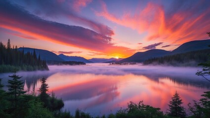 Sunset over tranquil lake surrounded by mountains and misty forest reflecting colorful sky with dramatic clouds in a serene landscape
