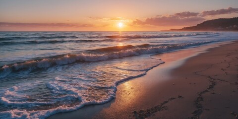 sunset over ocean waves at beach with sandy shore and distant hills under a colorful sky