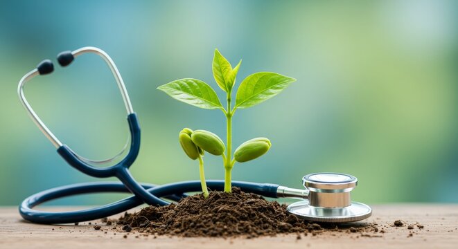 A sprouting plant wrapped in a stethoscope, symbolizing the connection between growth and medical care. This visual represents health, wellness, and the nurturing power of medicine and nature