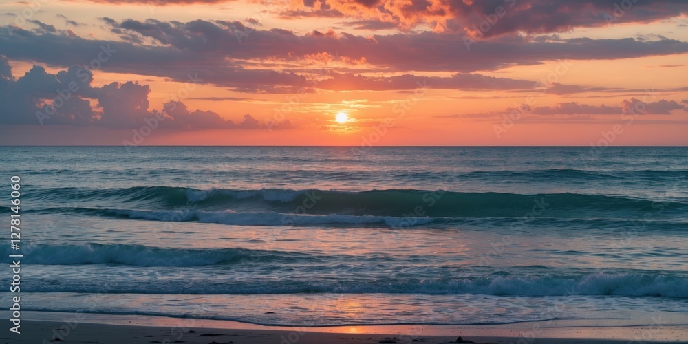 Poster sunset over calm ocean waves with colorful clouds reflecting in the sky during twilight on a serene 