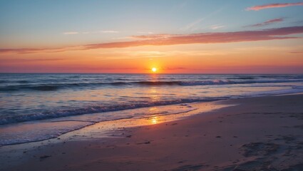 Fototapeta premium Sunset over calm ocean waves with sandy beach reflecting colors in the sky at twilight, tranquil coastal scenery, nature background.