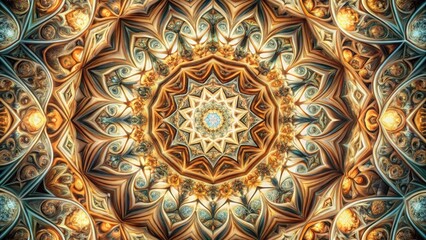 Intricate Golden Hues and Teal Accents in an Ornate Abstract Mandala Design Featuring Symmetrical Patterns and a Central Starburst