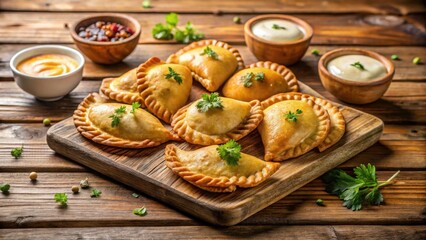 Golden-brown pastries arranged on a rustic wooden board, accompanied by various creamy dips and fresh herbs