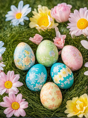 Beautifully decorated Easter eggs with pastel floral patterns rest on lush green grass, surrounded by vibrant yellow and white flowers, creating a cheerful and festive spring scene.