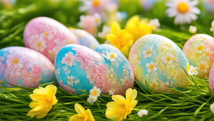 Beautifully decorated Easter eggs with pastel floral patterns rest on lush green grass, surrounded by vibrant yellow and white flowers, creating a cheerful and festive spring scene.