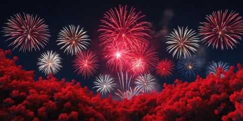 Fototapeta premium Colorful fireworks display over dark sky with vibrant red foreground foliage creating a festive atmosphere in celebration scene