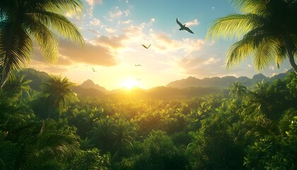 Tropical sunset paradise birds fly over lush jungle