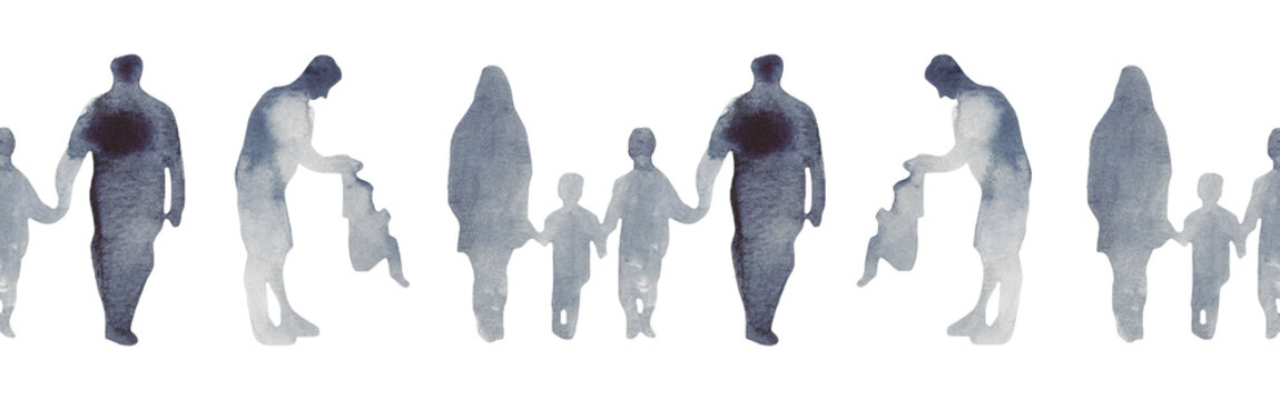 Watercolor border with silhouettes of people. Brush strokes in the form of blue silhouettes of people,Silhouette of family on white background.	