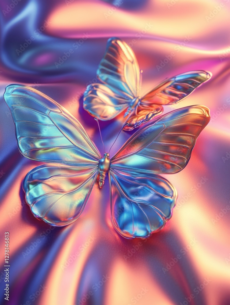 Poster ethereal butterflies shimmer on iridescent fabric creating a magical and dreamy atmosphere with soft
