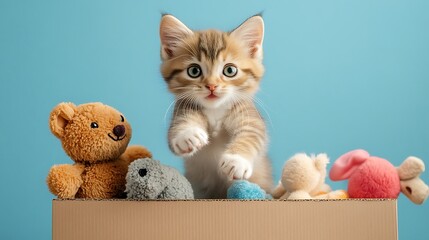 Playful kitten jumping into a box full of soft toys on blue background