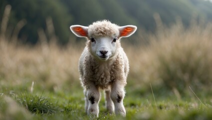 Obraz premium Young sheep lamb standing in a grassy field with soft lighting and blurred background hills.