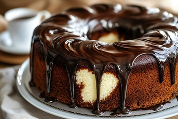 Chocolate-glazed bundt cake on plate, coffee in background