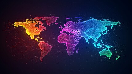 Naklejka premium Colorful, glowing world map with connected nodes.