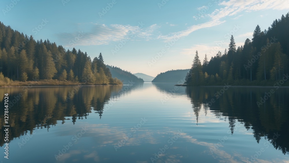 Poster calm lake surrounded by dense evergreen forests under a clear sky with soft clouds reflecting in the