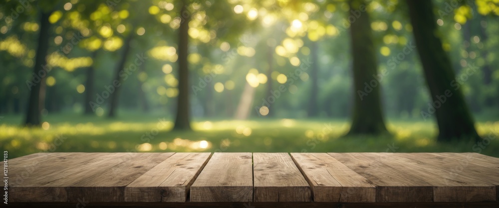 Poster wooden tabletop in front of a blurred green forest background with sunlight filtering through trees 