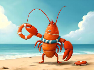 Quirky Lobster Lifeguard Standing Watch on a Sunny Beach Shoreline. A fun and creative illustration of a lobster dressed as a lifeguard on a picturesque beach, capturing humor and summer adventure.