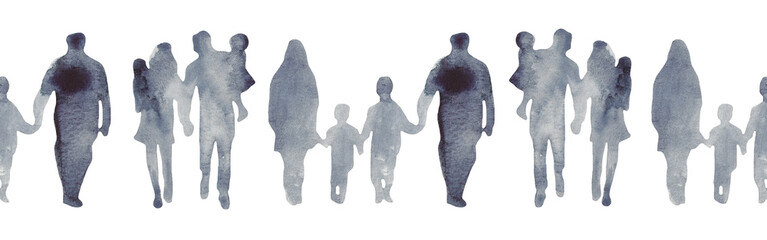 Watercolor border with silhouettes of people. Brush strokes in the form of blue silhouettes of people,Silhouette of family on white background.	