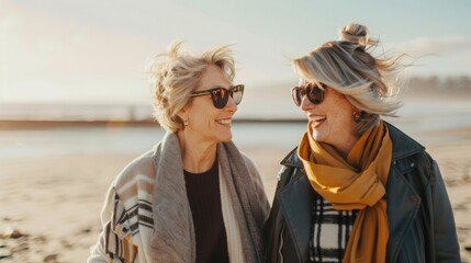 Two Cheerful Middle Aged Friends Enjoy a Lively Conversation at the Beach During a Sunny Afternoon