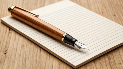 A sleek fountain pen rests on a lined notepad, showcasing a warm wooden surface, perfect for writing and note-taking.