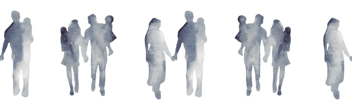 Watercolor border with silhouettes of people. Brush strokes in the form of blue silhouettes of people,Silhouette of family on white background.	