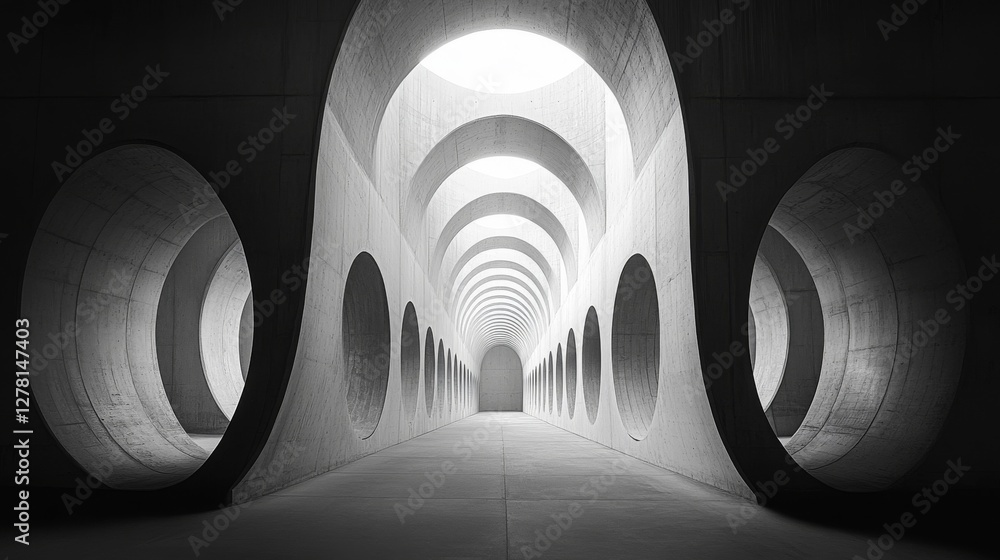 Poster concrete structure displays a corridor with arched and circular openings