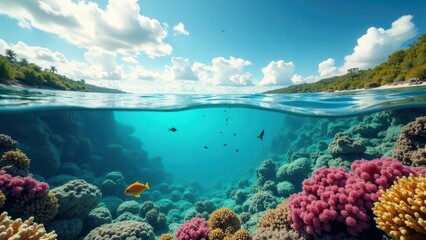 Obraz premium Split view of vibrant coral reef with colorful fish underwater and clear sky with clouds above 