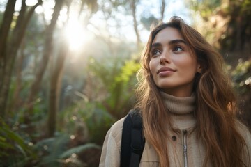 Naklejka premium Young woman enjoying nature walk in a lush forest during the golden hour sunlight