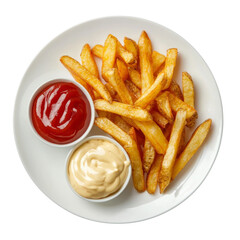 Crispy golden French fries served with ketchup and mayonnaise on white plate, perfect for tasty snack or side dish