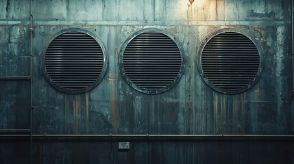 Industrial Wall with Three Round Ventilation Grills and Pipework